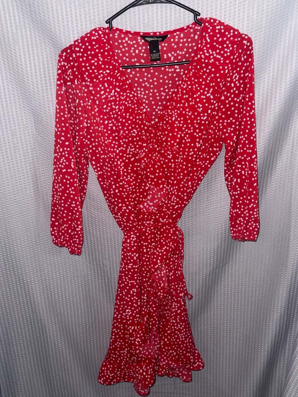 Millenium Red and White Star Print Long Sleeve Ruffle Wrap Dress